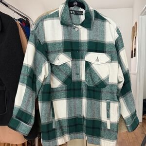 Zara Forest Green and Cream Checkered Shirt Jacket